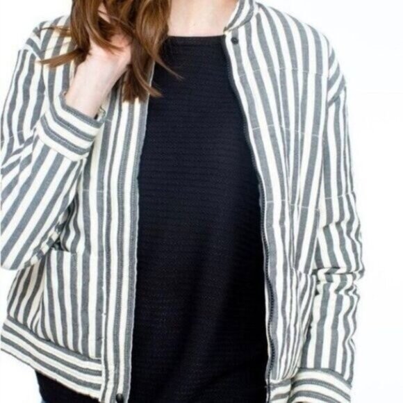 NUMPH - Anthro Womens Grey Striped Zip-Front Bomber Jacket Sz XS / S - Picture 2 of 13